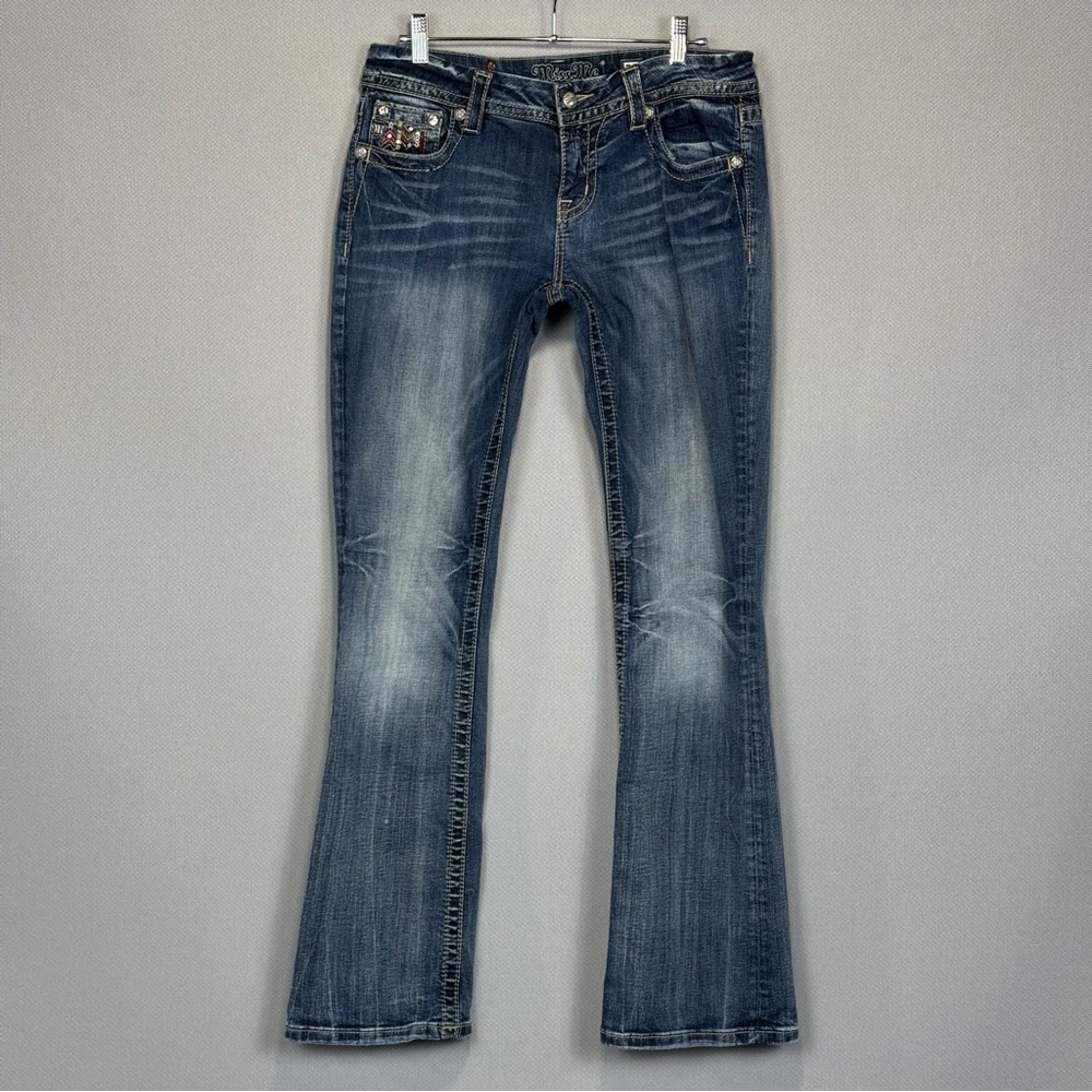 Miss Me Jeans Women 28 Blue Easy Boot Mid Rise Stretch Flap Pocket Distressed